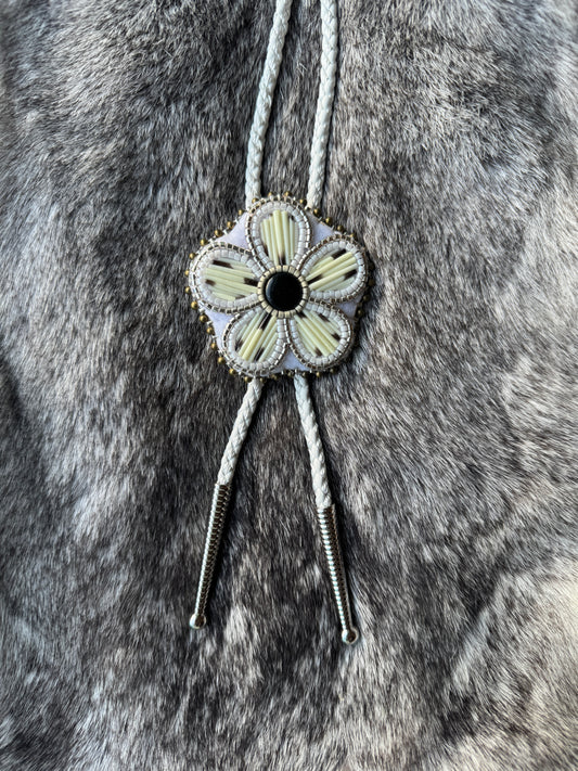 Flower bolo tie - white and silver